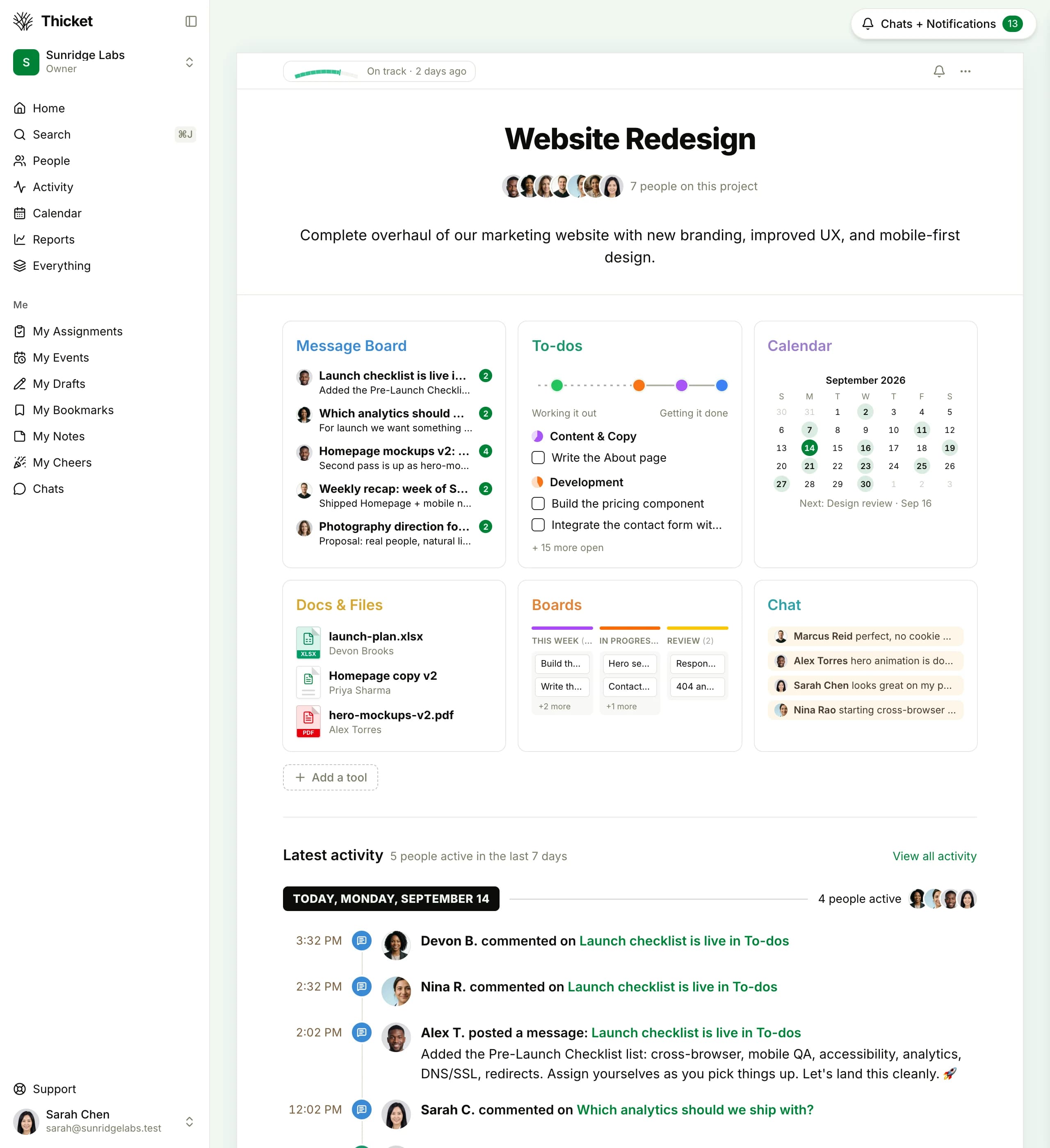 A Thicket project with messages, to-dos, documents, and the team's current work